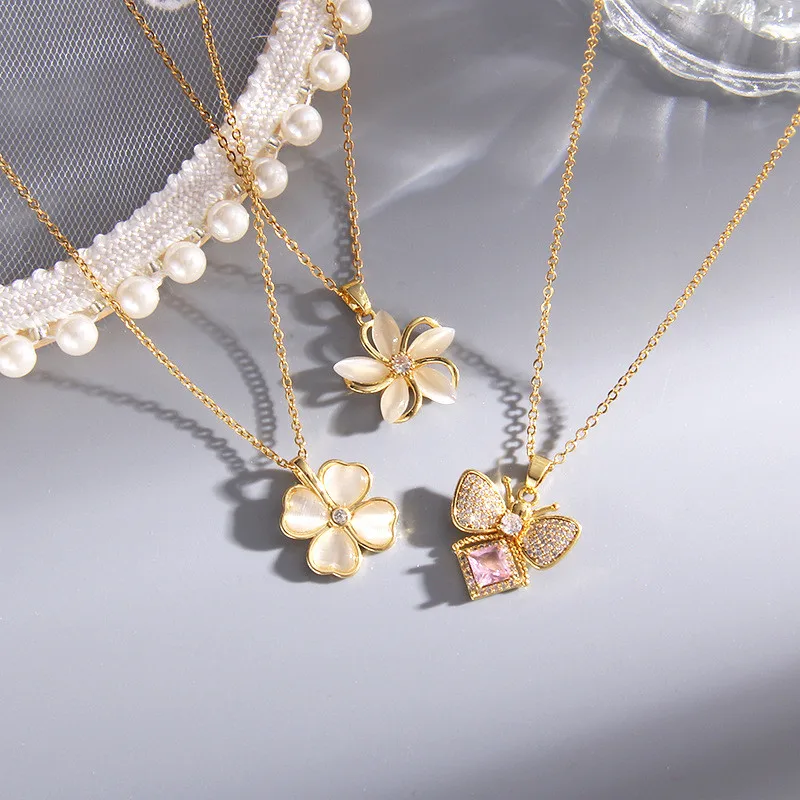 Fashion Simple Butterfly Flower Zircon Pendant Necklace Stainless Steel Choker Collar Jewelry Party Gifts For Women Girls