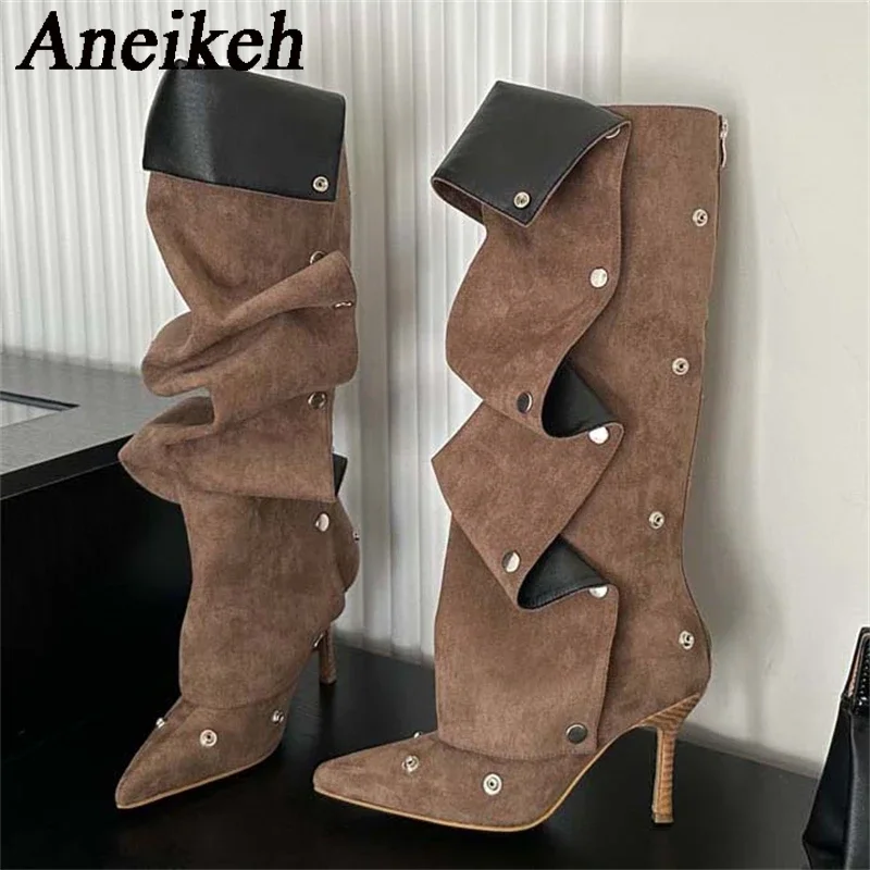 Aneikeh Botas Largas de tacón alto para Mujer, Botas altas de invierno, zapatos para Botas de Mujer, zapato vaquero puntiagudo de tacón fino con botones de Metal