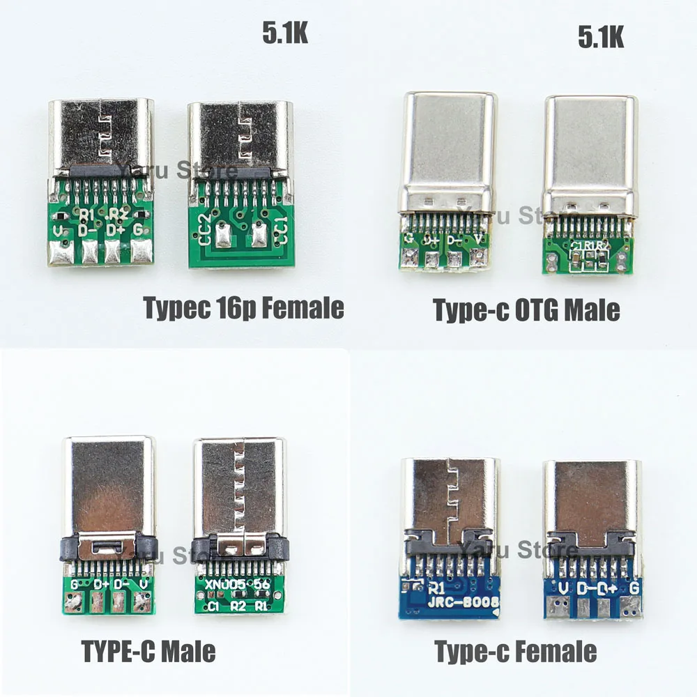 TypeC 16P Female Socket 6-core Dual 5.1K Resistor TypeC OTG Male 5.1K Resistor TYPE-C Male Female USB 3.1 With PCB Board