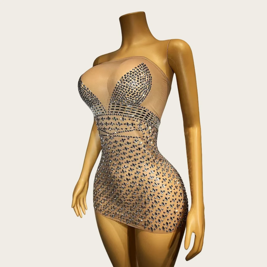 Abito ultra corto senza spalline con strass scintillanti da donna sexy couture festa di compleanno ballo vedere attraverso la maglia bar vestito da ballo Niujiao