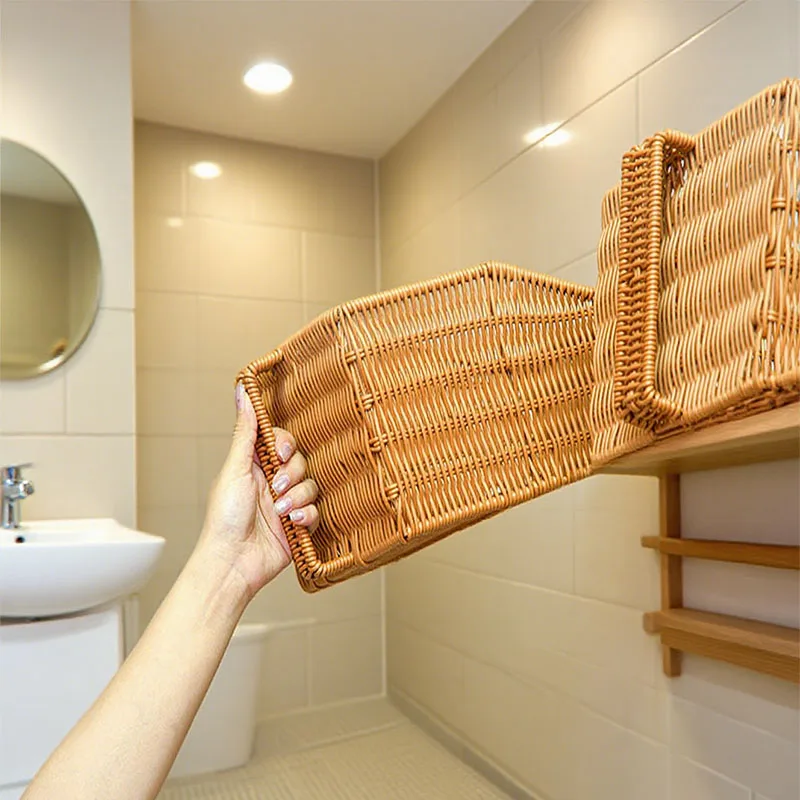 

1pc Imitation Rattan Wicker Basket Bevel for Bathroom Cosmetics Books and Magazines Display Tray Eco-friendly and Drop Resistant