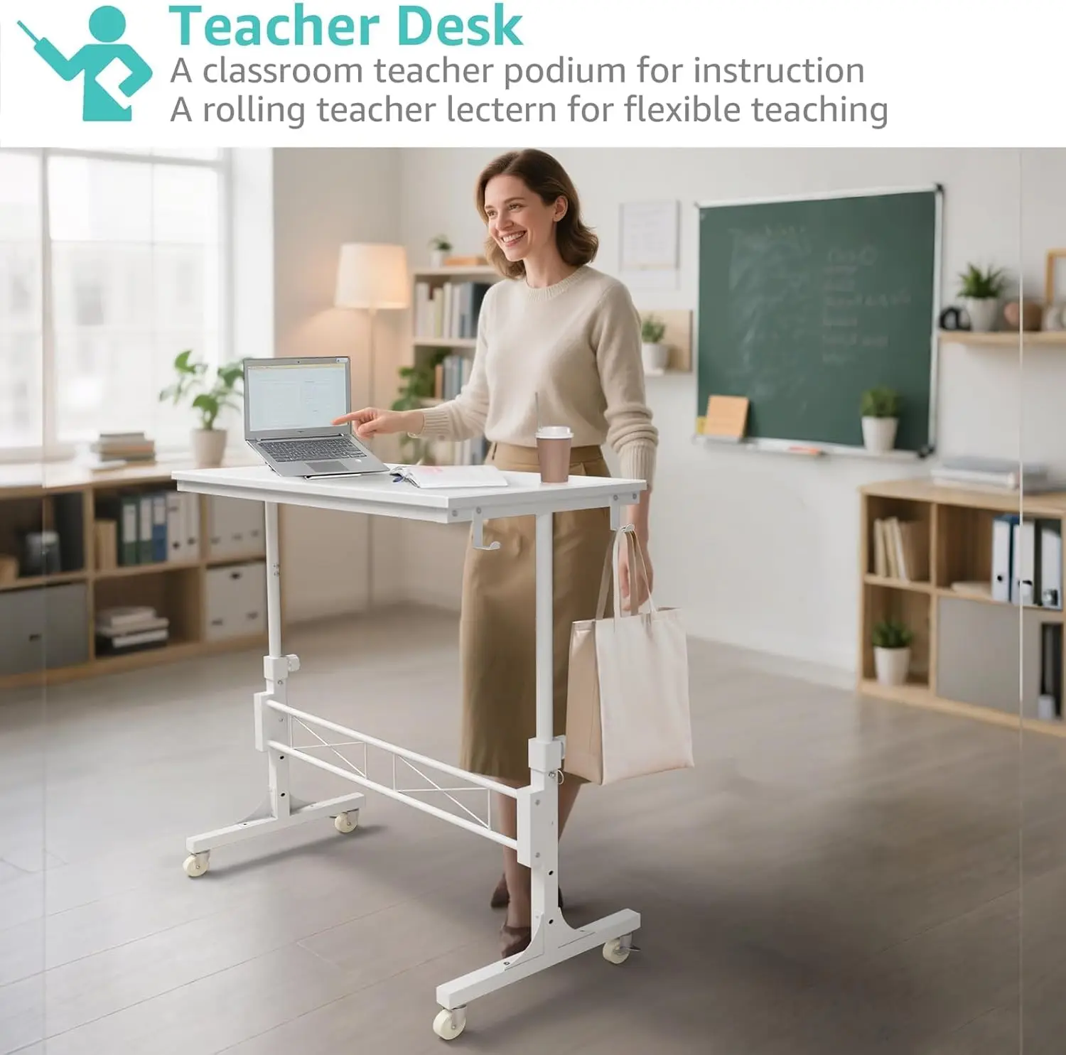 مكتب دوار بارتفاع قابل للتعديل مع عجلات، محطة عمل متوافقة مع جهاز المشي باللون الأبيض مقاس 32 بوصة للمكتب المنزلي