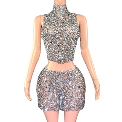 Sparkly Diamonds Top Short Skirt Two Pieces Women Sexy Mesh Transparent Celebrate Evening Prom Birthday Dress Photoshoot Wear