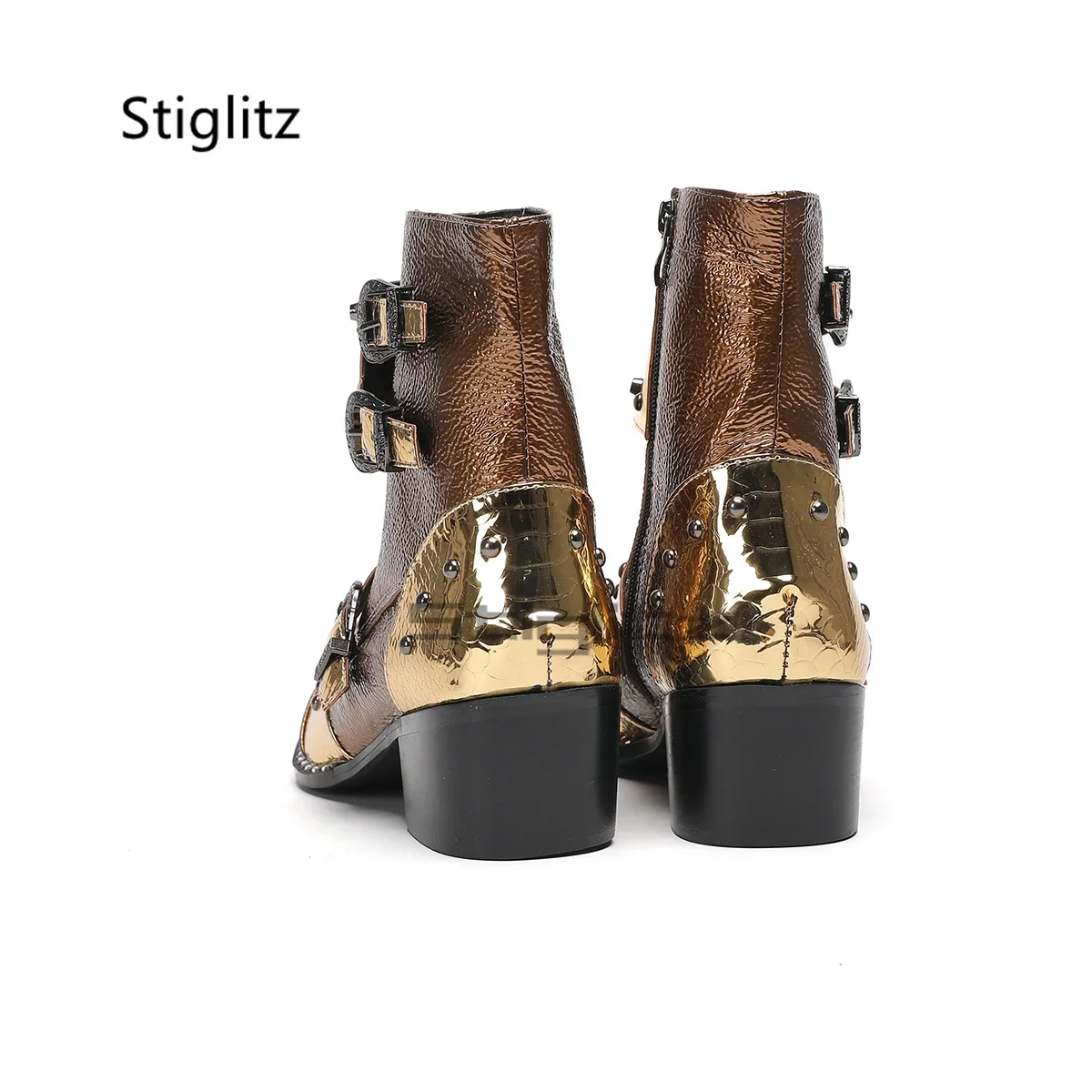 

Belt Buckle Rivets High Heels Chelsea Boots for Men Pointed Metal Toe Mixed Colors Genuine Leather Ankle Boots Male Shoes