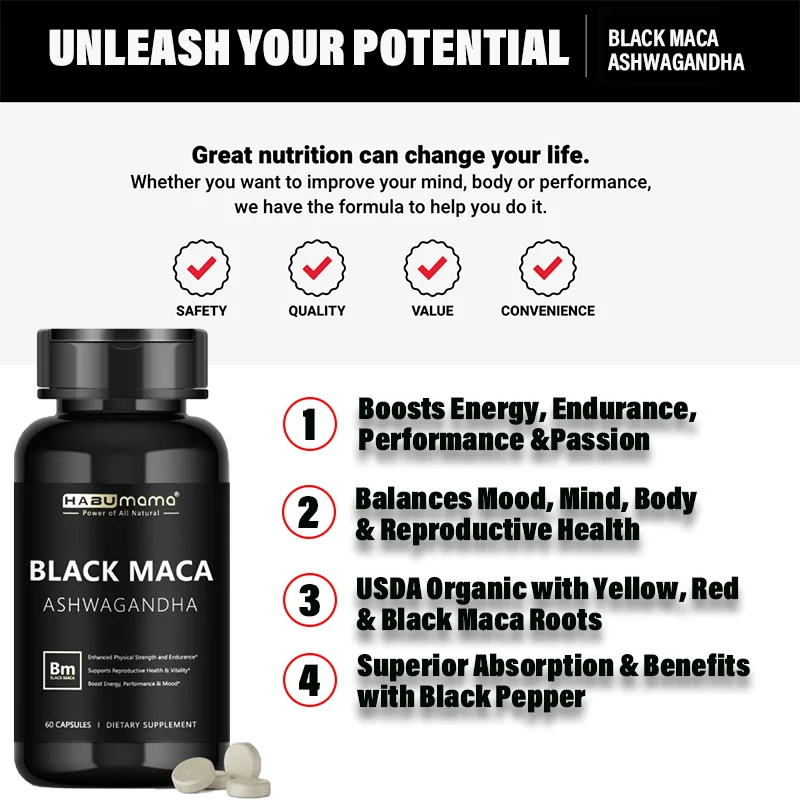 HABUMAMA Black Maca Booster для мужчин — добавки маки для здоровья, энергии и выносливости, мышечной массы