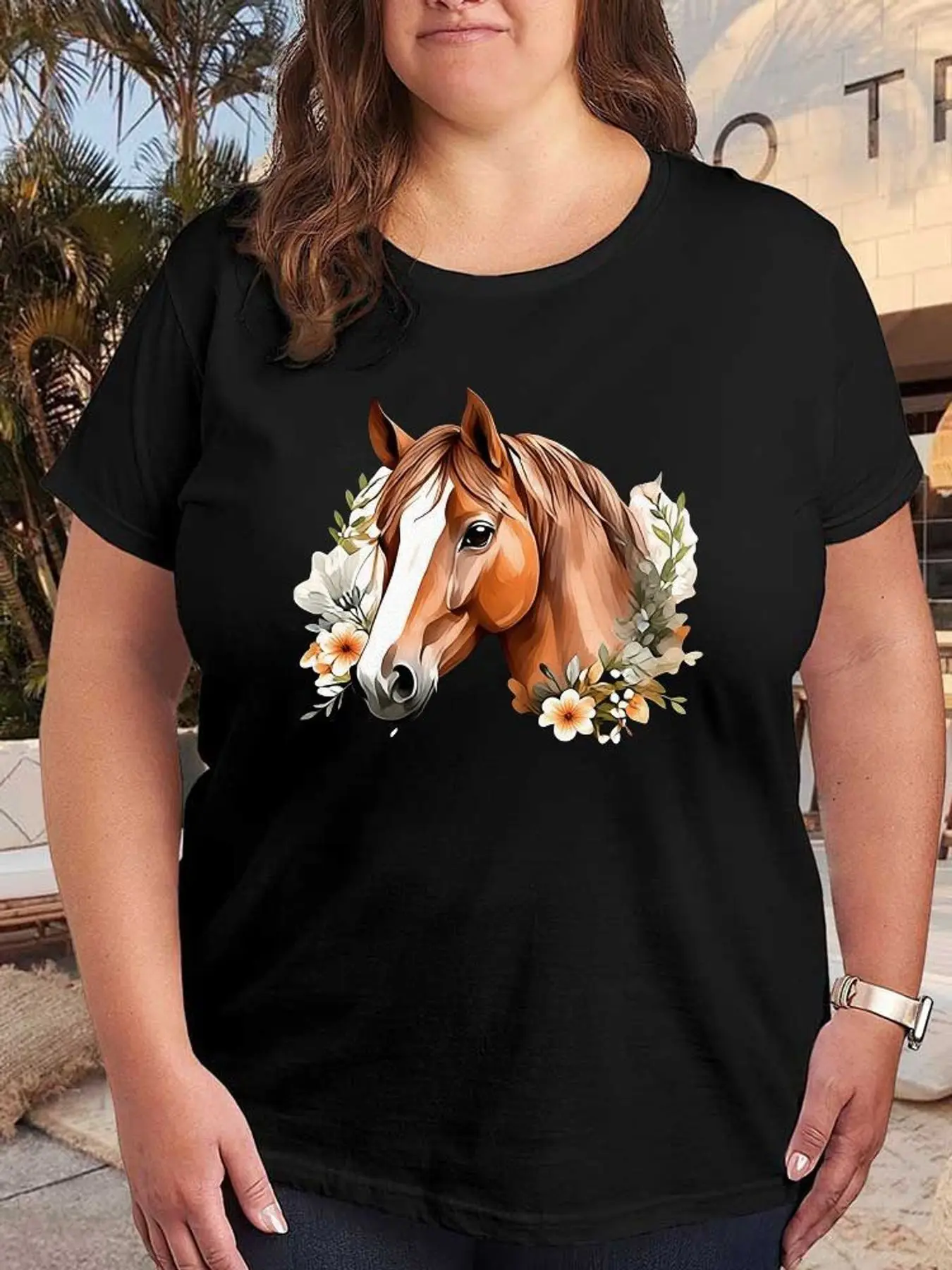 Floral Horse Graphic T Shirt Women Fashion Stretchy Plus Size Short Sleeve Casual Soft Tee Summer Graphic Print Tops Clothes