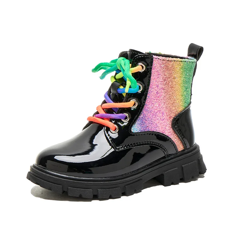 Girls Rainbow Ankle Boots Kids Shoes Patent Leather Lglitter Ace Up Zip Boot Children 2026 Autumn Shoes Balck with Sliver 26-36