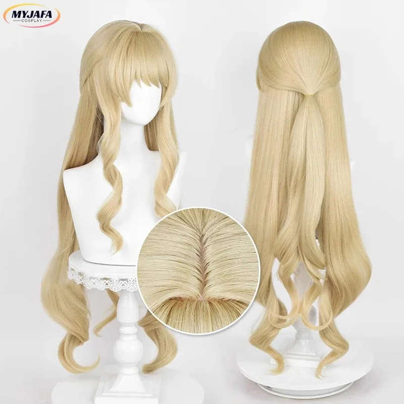 zz04zz12Navia Cosplay Game Fontaine Navia Long Linen Gold Curly Heat Resistant Synthetic Hair Role Play Wigs + Wig Cap