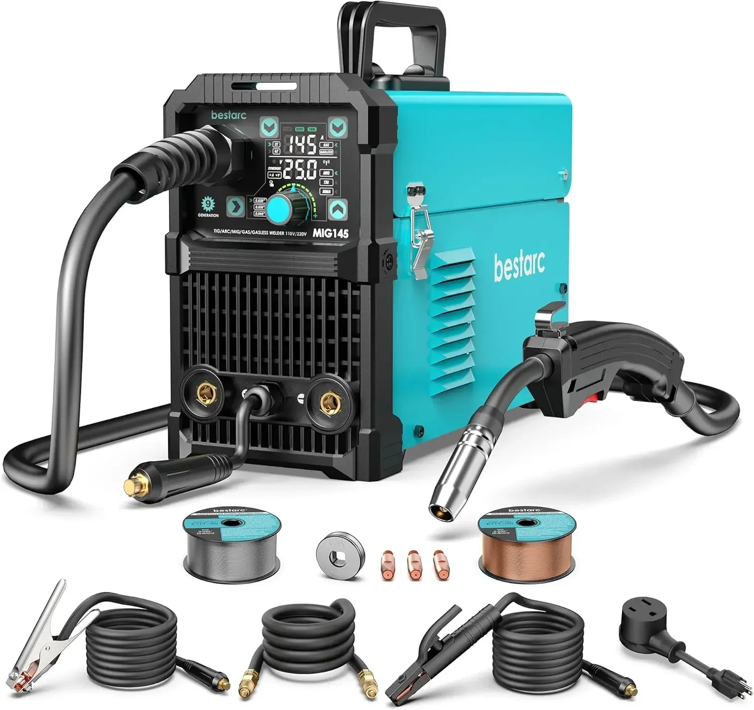 

Сварочный аппарат MIG 145А, 110В/220В, 4-в-1 (MIG/FLUX CORE, Lift TIG, Stick), с большим LED-дисплеем
