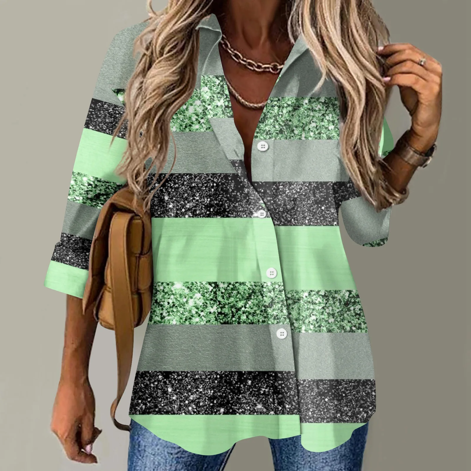 Amazon Foreign Trade Striped Color Blocking New Spring Long Sleeved Trendy Button Up Shirt, One Piece Hair ReplacementWG18