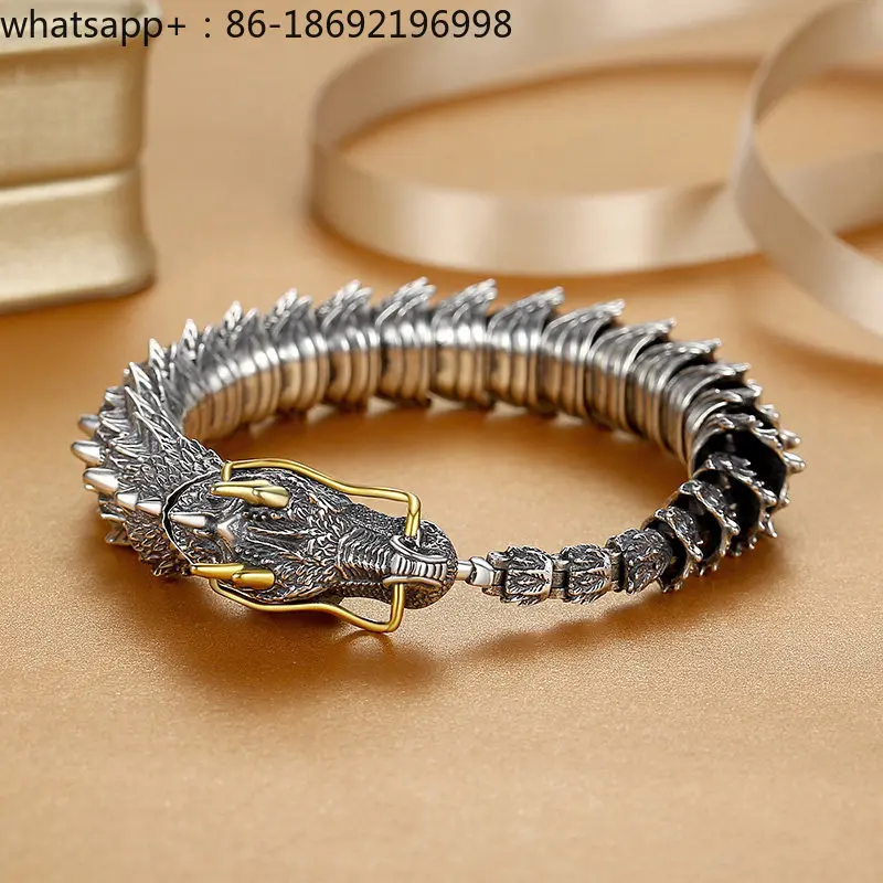 Sterling Silver Bracelet Male Faucet Domineering Personality Trendy Male Retro Dragon-shaped Dragon Scale Silver Jewelry