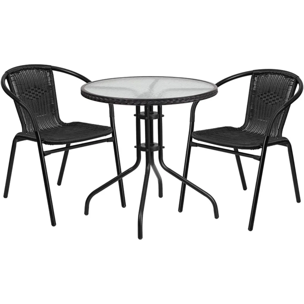 

Round Glass Metal Table with Rattan Edging and 2 Rattan Stack Chairs