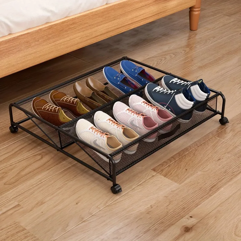 

Under-Bed Shoe Storage Rack with Wheels - Pull Out Iron Mesh Organizer for 12-15 Pairs, Space-Saving Bedroom Storage