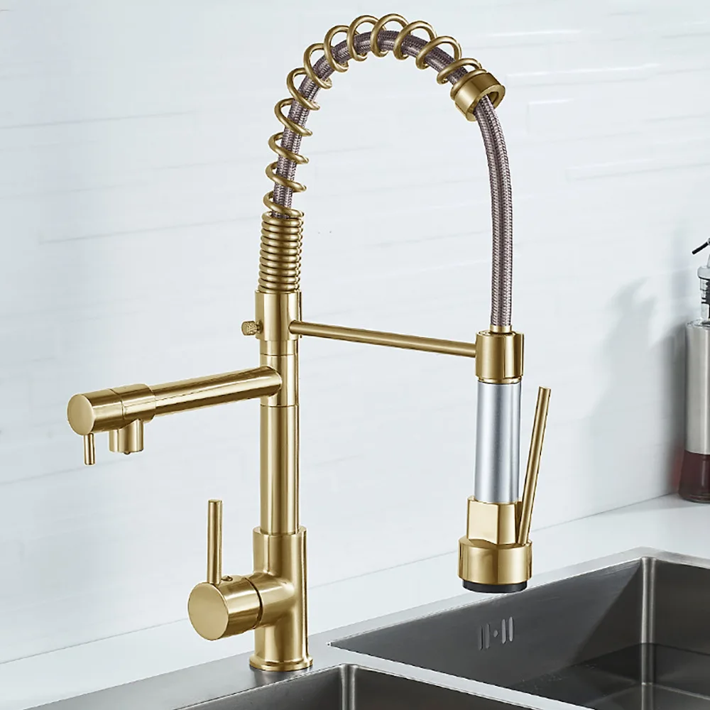 Light Luxury Kitchen Sink Faucet Double Outlet Spring Faucet Copper Alloy Gold Black Spring Kitchen Cold And Hot Faucet