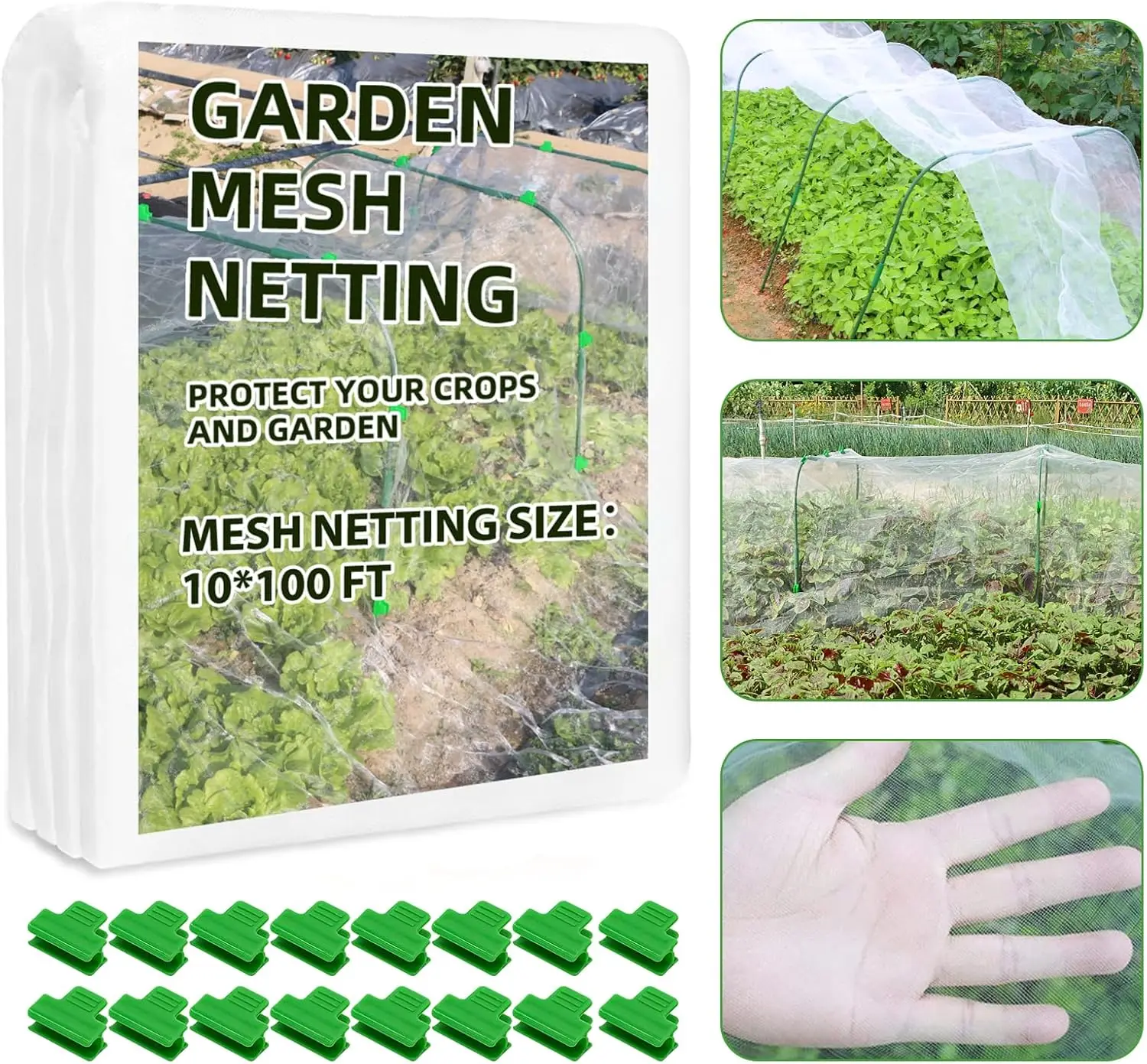 

Garden Netting Mesh, 10X100 FT Garden Netting with 16 Cilps & Ultra Fine Mesh Net Bird Barrier Protection for Garden Vegetables