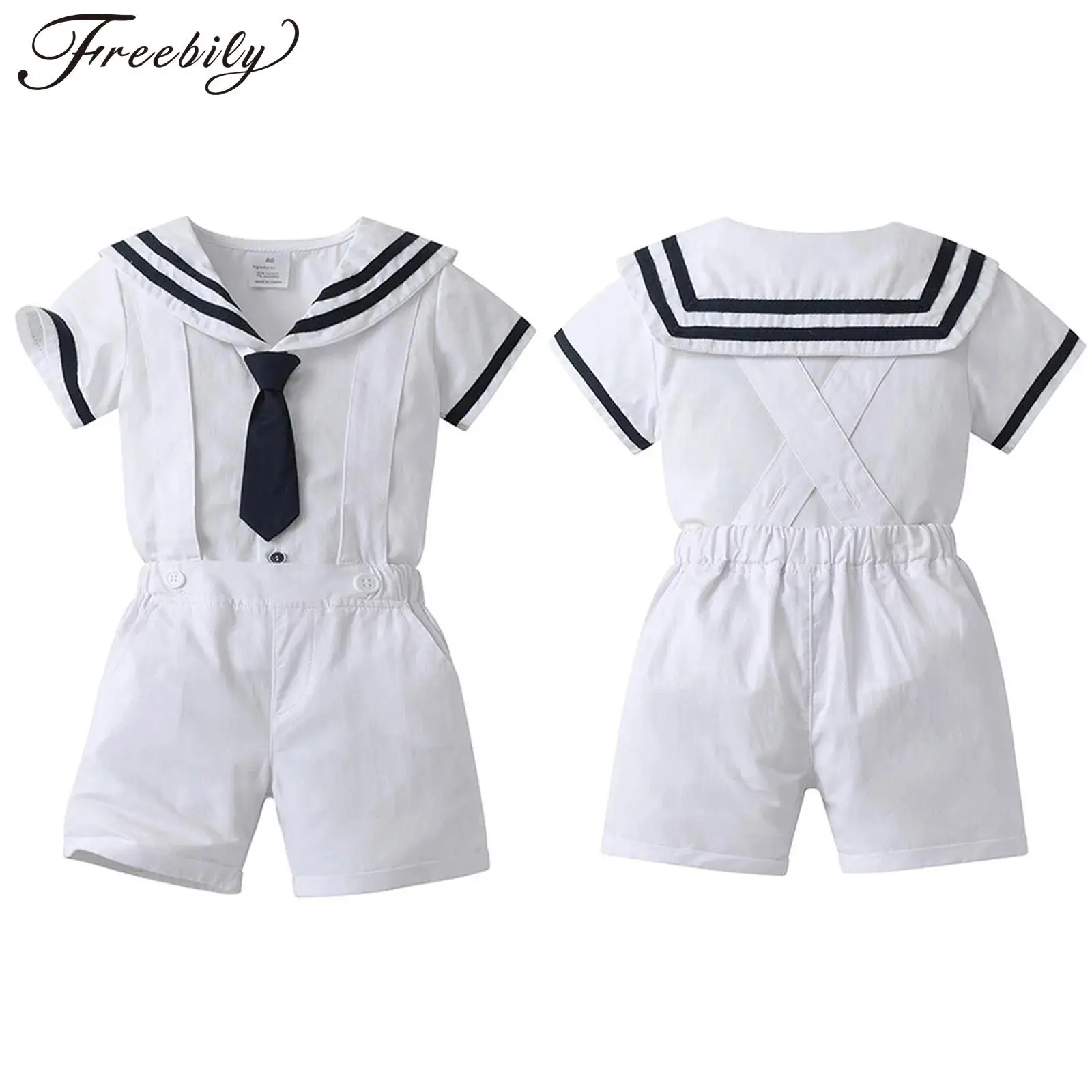 

Летняя одежда для маленьких мальчиков в темно-синем стиле, топы с короткими рукавами и лацканами, комплект с шортами на подтяжках для тематической вечеринки, фотосессии