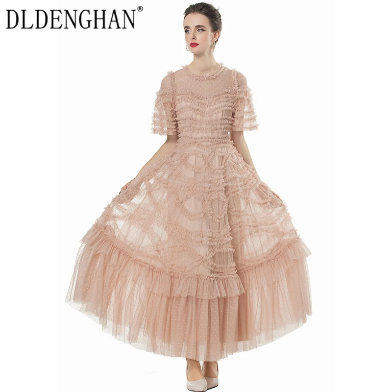 DLDENGHAN Women O-Neck Short Sleeve Ruffles  Solid Color Vintage Dot Mesh Long Dresses Fashion Designer Summer New