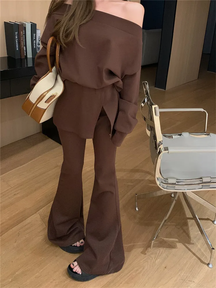 

Women Black Fashion 2 Piece Suits One Shoulder Shirt Top&High Waist Long Flare Pants Sets 2024 New Fall 2pc Matching Tracksuits