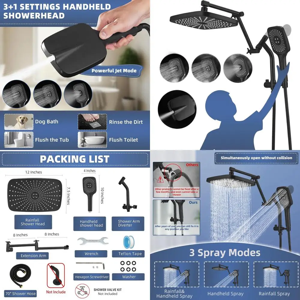 12 Matte Black Dual Showerhead with Handheld Sprayer Combo, 3+1 Settings, Adjustable Height and Angle
