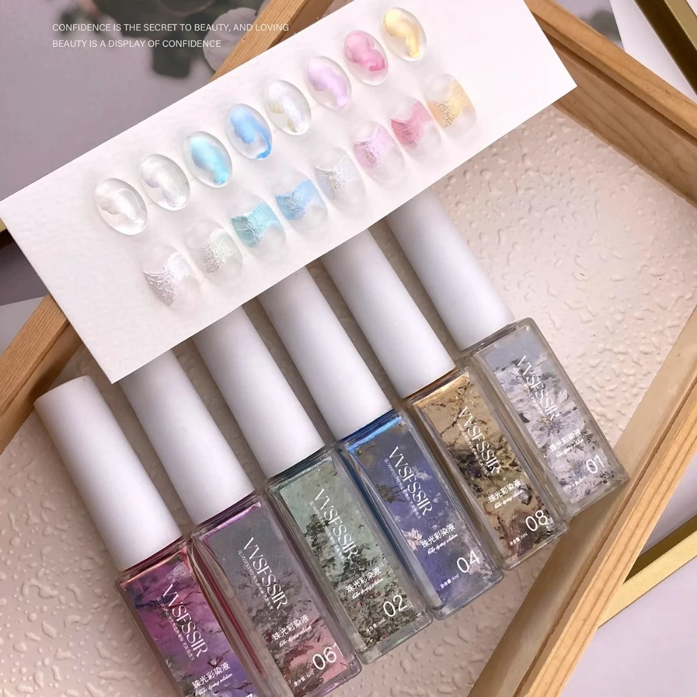 

9pcs 6ml Pearlescent Watercolor Nail Polish Blossoming Effect Quick Dry Nail Varnish Painting Glitter Ink Natural Dry Nail Gel