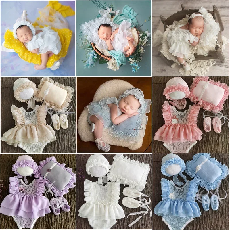 

Dress color Newborn solid Princess Photography Dress+Hat+Pearl Lace Pillow+Shoes 4pcs/suit pour nouveaux nés