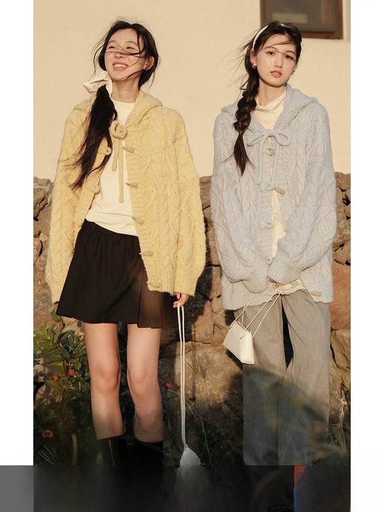 

Вязаный кардиган CHACHASTU для женщин: осенне-зимний винтажный свитер с капюшоном, на пуговицах-спиралях, свободного кроя