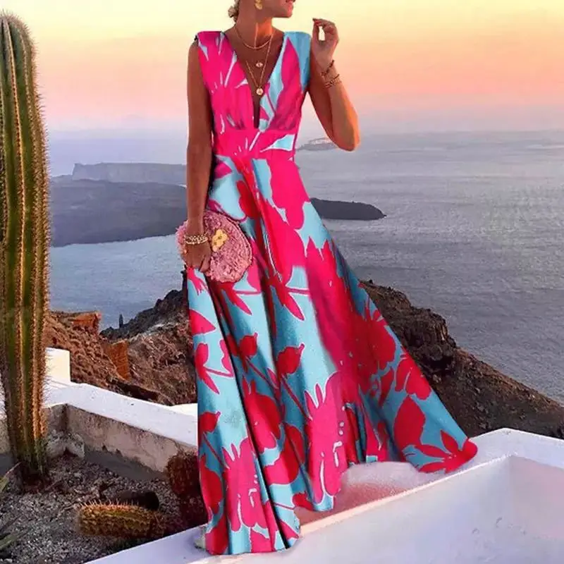 Elegancka długa sukienka na imprezę dla kobiet Letnia sukienka plażowa bez rękawów z nadrukiem Boho Sexy sukienka maxi z dekoltem w szpic Femme