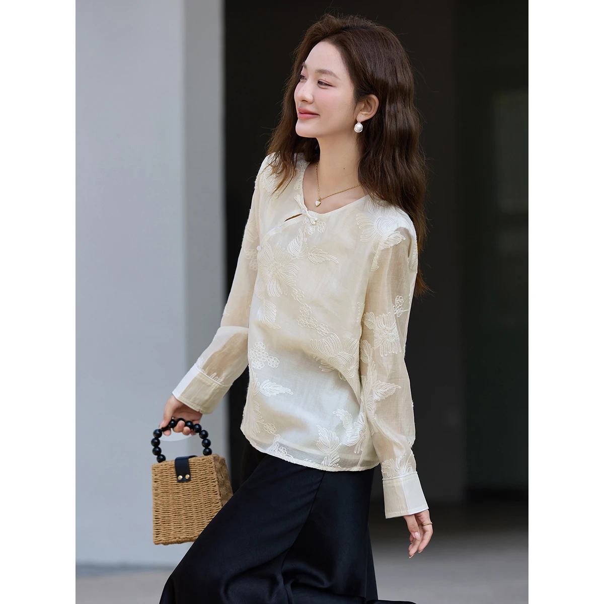 VIMLY เสื้อชีฟองปักลายสไตล์จีน - Embroidery On Shirt บทวิจารณ์และราคา