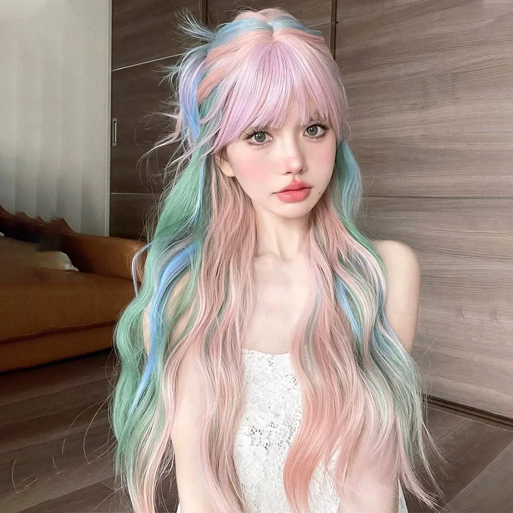 Synthetic Fashion Color Highlights Long Curly Wave Wig Women Simulation Cosplay Full Head Cover