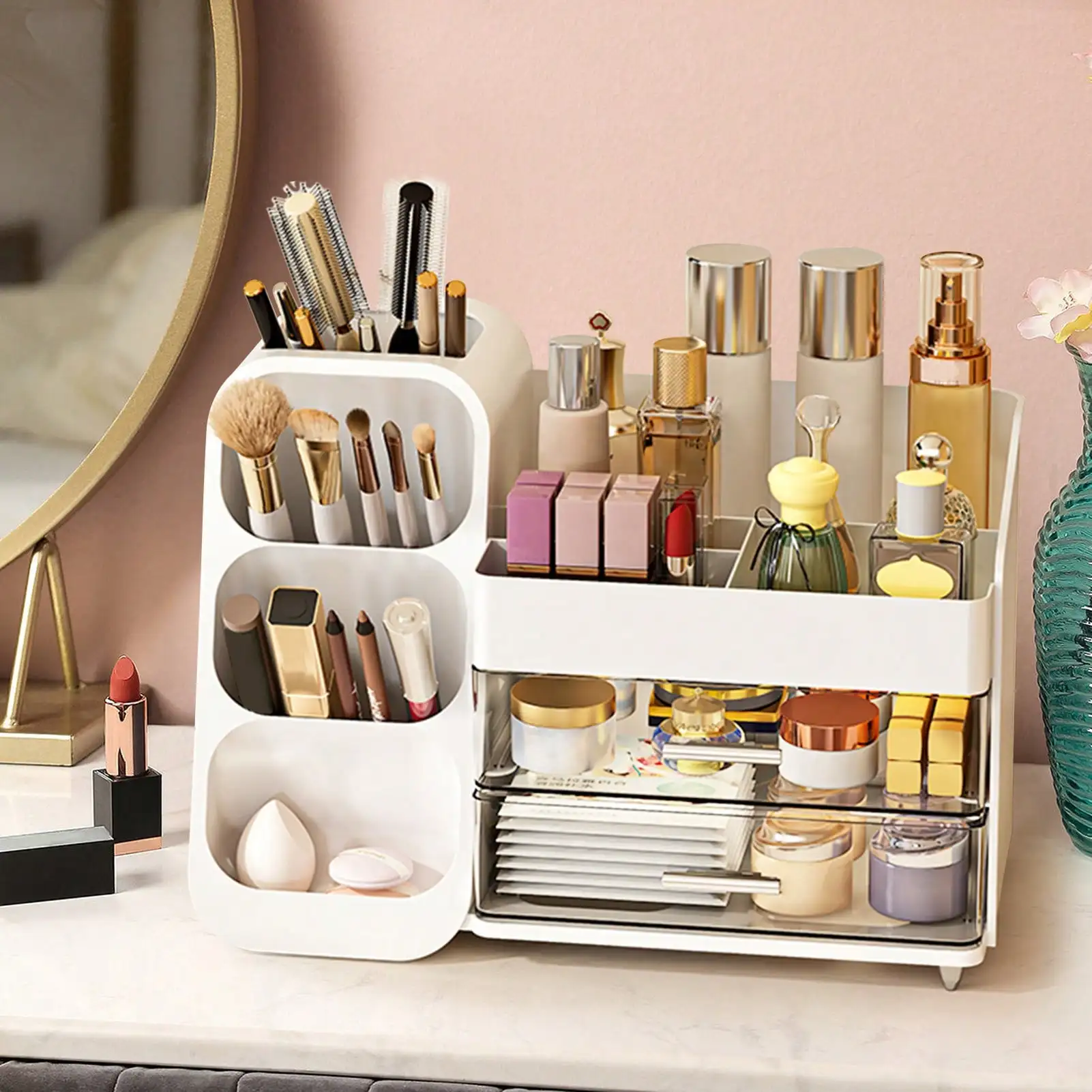 

Makeup Organizer With Brush Holder, Drawers, Countertop Storage Organizer, Makeup Organizer Cosmetic Storage For Vanity, Makeup Brushes Storage, Skin Care Storage, Perfect Storage For Lipsticks, Eyeshadows, Nail Polishes, Perfumes, Bathroom & Bedroom Stor