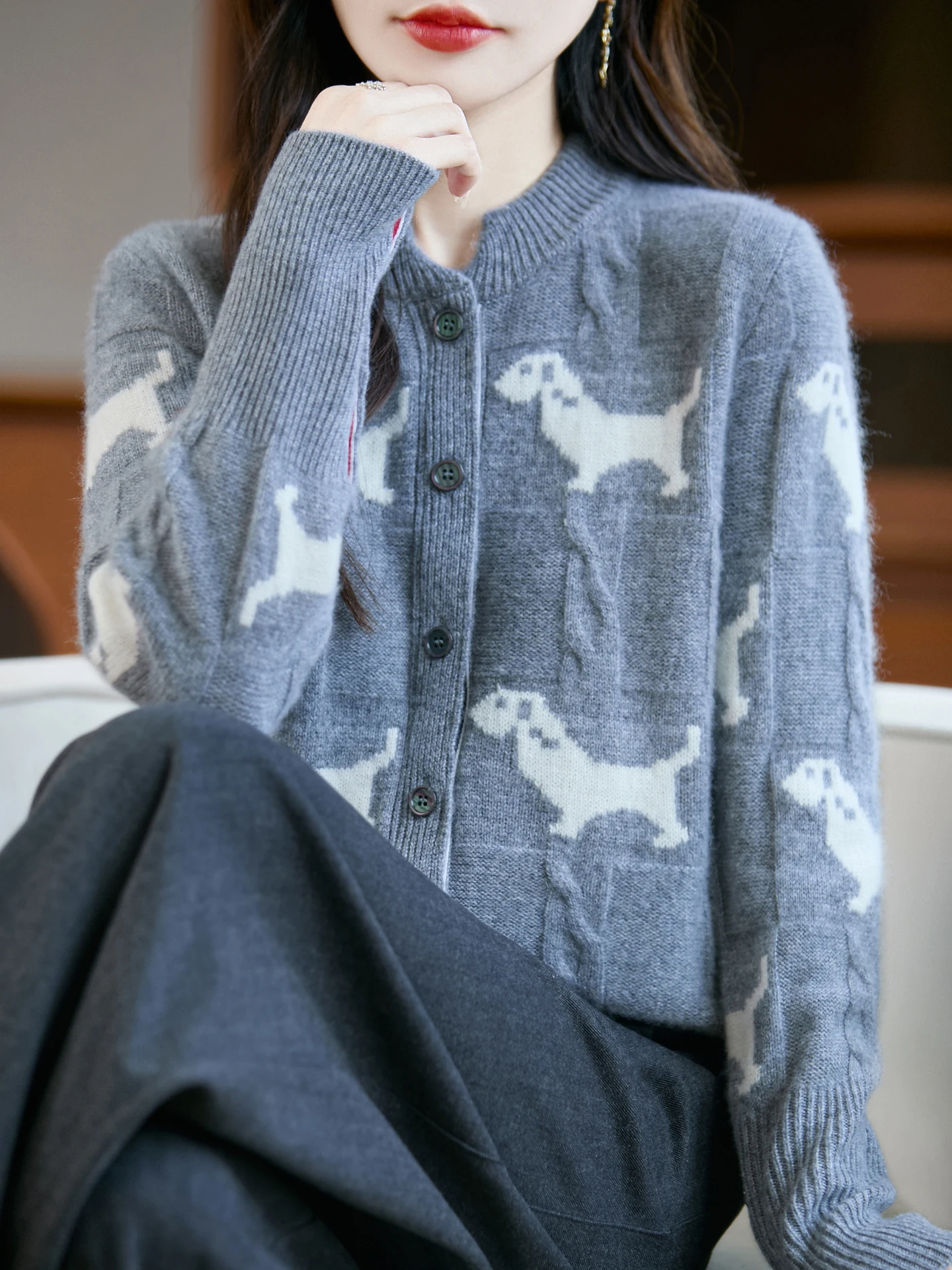 

TLOML Women's 100% Merino Wool Knitwear Puppy Jacquard Cardigan Autumn Winter Thicken Long Sleeve Cashmere Sweater Comfy Coat