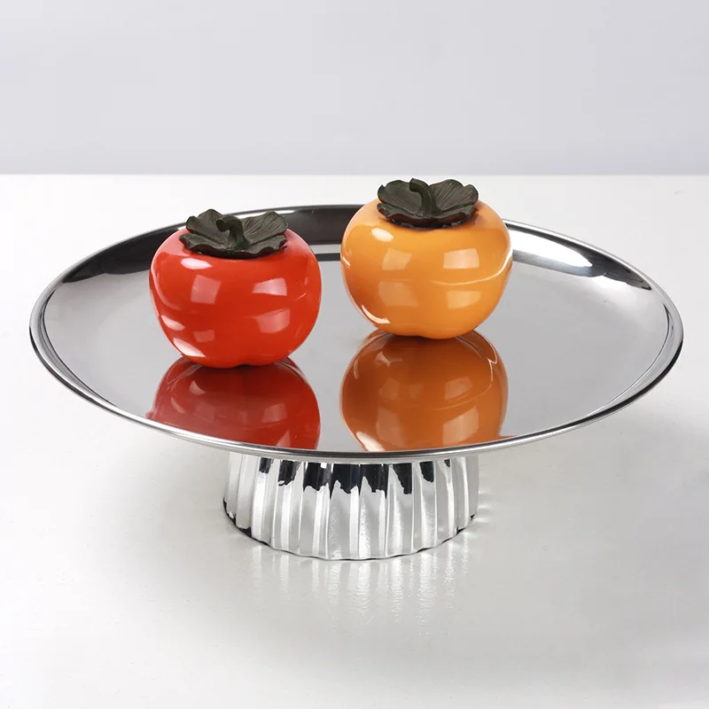 

Silver Geometric Tall Round Fruit Plate Metal Tray Desktop Storage Container High-legged Snack Plate Home Decoration
