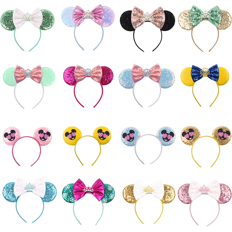 

10Pcs/Lot Chic Crown Mouse Ear Headwear Sequins 5"Cute Bow Girl Hair Band Princess Feather Party DIY Hair Accessories Women Gift