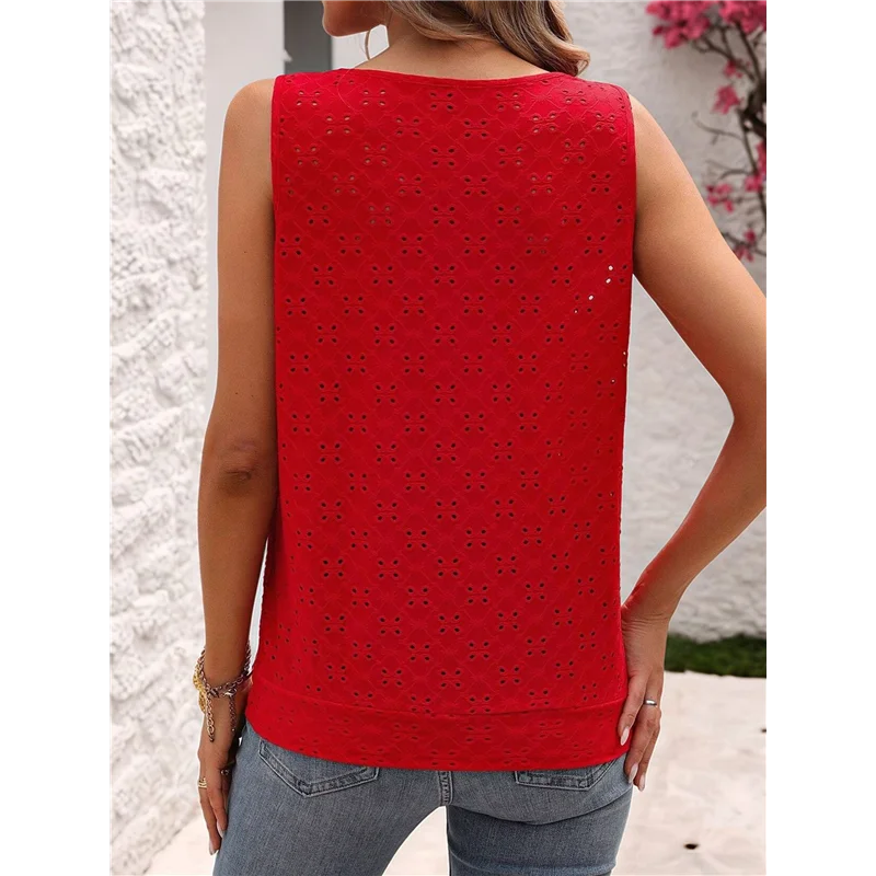 

Women's Summer Fashion Eyelet Tops Crewneck Sleeveless Shirts Women Shirts