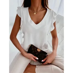 Women's S-2XL Size T-shirt with Ruffle Edge Short Sleeve Fashion V-neck Simple Solid Color T-shirt Leisure Vacation T-shirt