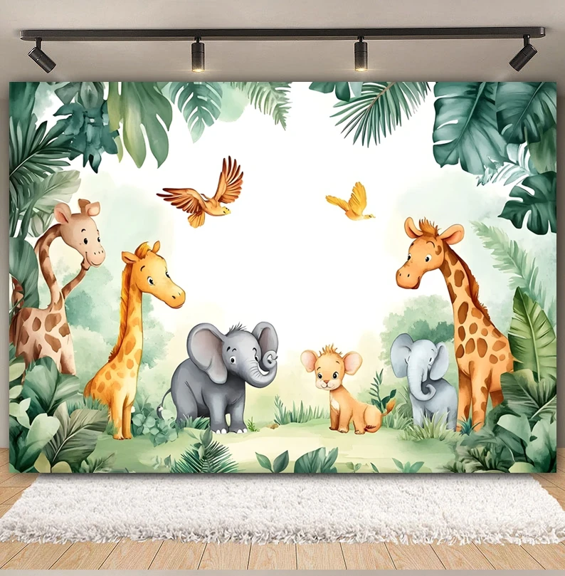 Tropical Jungle Forest Animal Photography Backdrop Lion Giraffe Green Leaves Baby Birthday Party Decoration Photozone Background image 3