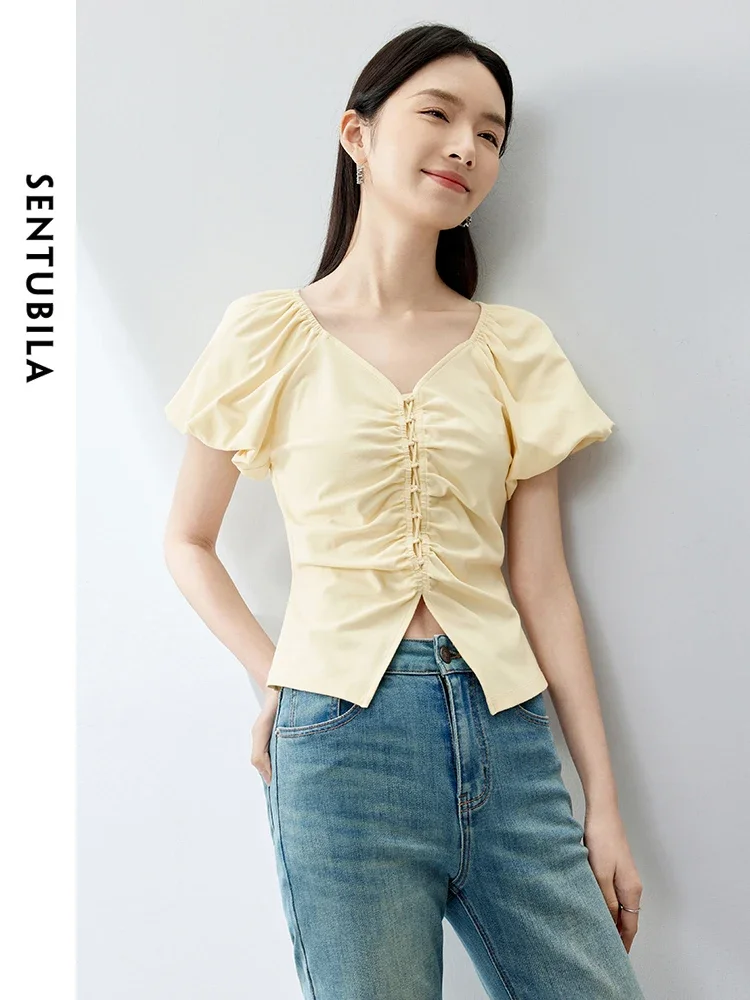 

SENTUBILA Cotton V-neck Puff Sleeve Cropped T-shirt 2024 Simple Slim Summer Short Sleeve Tops Shirring Split Pullovers 142T54057