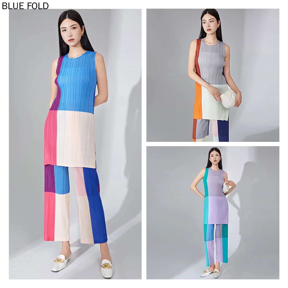 

Miyake Suit for Women Two-Piece Sleeveless Mid-length Slit T-shirt Top Contrast Color, Casual Folded Straight-Leg Pants, Fashion