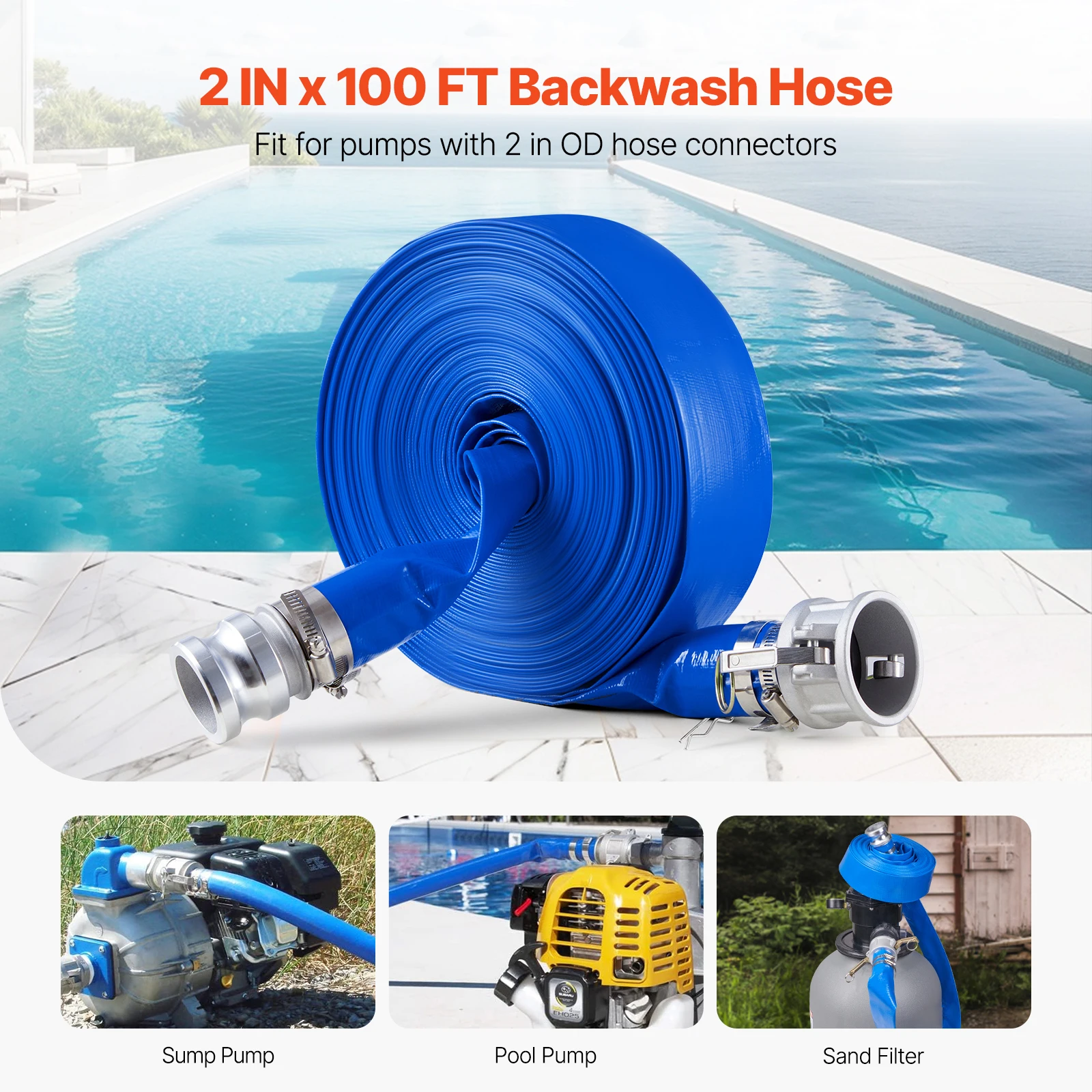 SucceBuy Backwash Hose 2 in x 100 ft Blue High Quality PVC Hose, with Clamps, Camlock, Aluminum Fittings, Fit Various Pumps, for Sewage Treatment, Water Transportation & More Agricultural Purposes