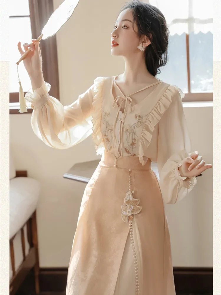 Chinese Stijl Vintage 2 Delige Set Vrouwen Strik V-Hals Met Ruches Geborduurd Shirt + Kralen Retro Rok Pak Lente Hanfu + Accessoires