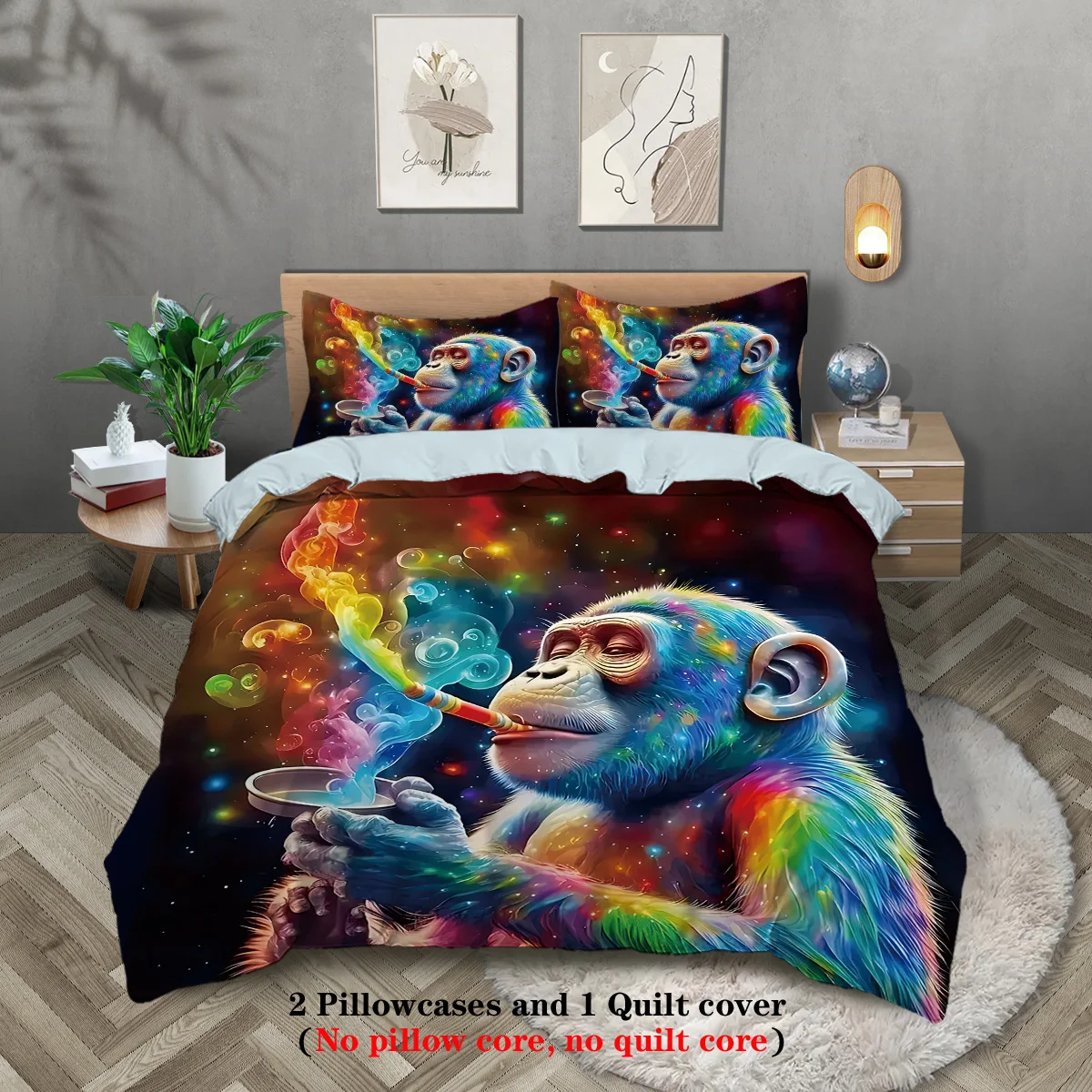 3pcs Cartoon Enjoying Monkeys Bedding Set,For Bedroom, Guest Room (1*Duvet Cover + 2*Pillowcase, NO Core)