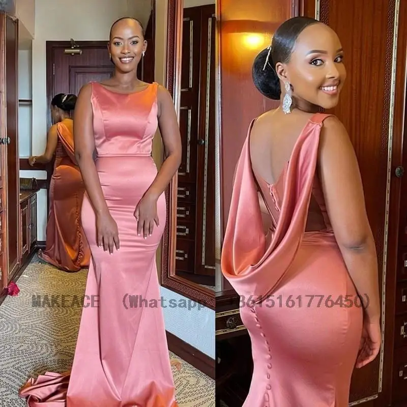 

Elegant Long Mermaid Bridesmaid Dresses Button O-neck Backless Formal Wedding Party Dress For African Women Maid Of Honor