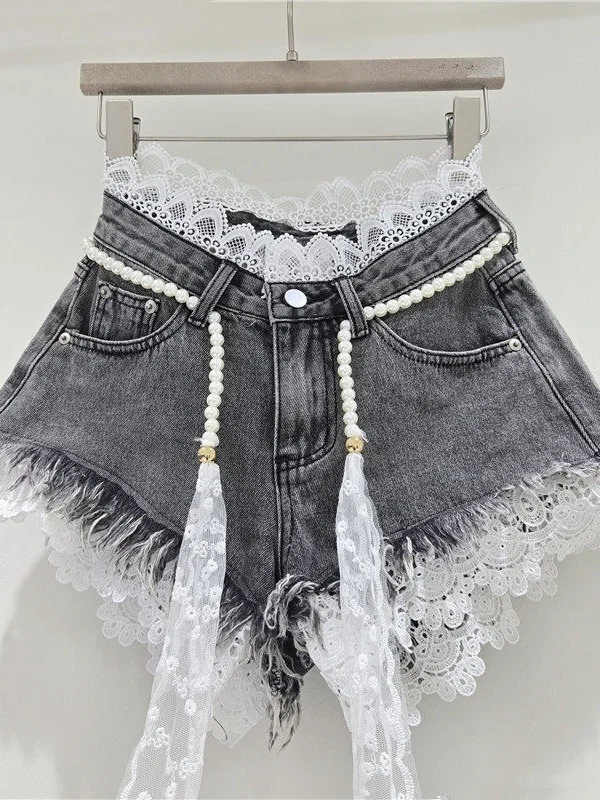 

Summer 2026 Women's High Waist Patchwork Lace Trim Denim Shorts Trendy Hot Pants Commute Style Korean Version Loose Fit