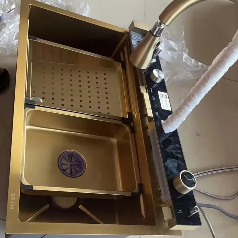 Best-selling Handmade Gold-plated Waterfall Faucet Multifunctional Stainless Steel Kitchen Sink