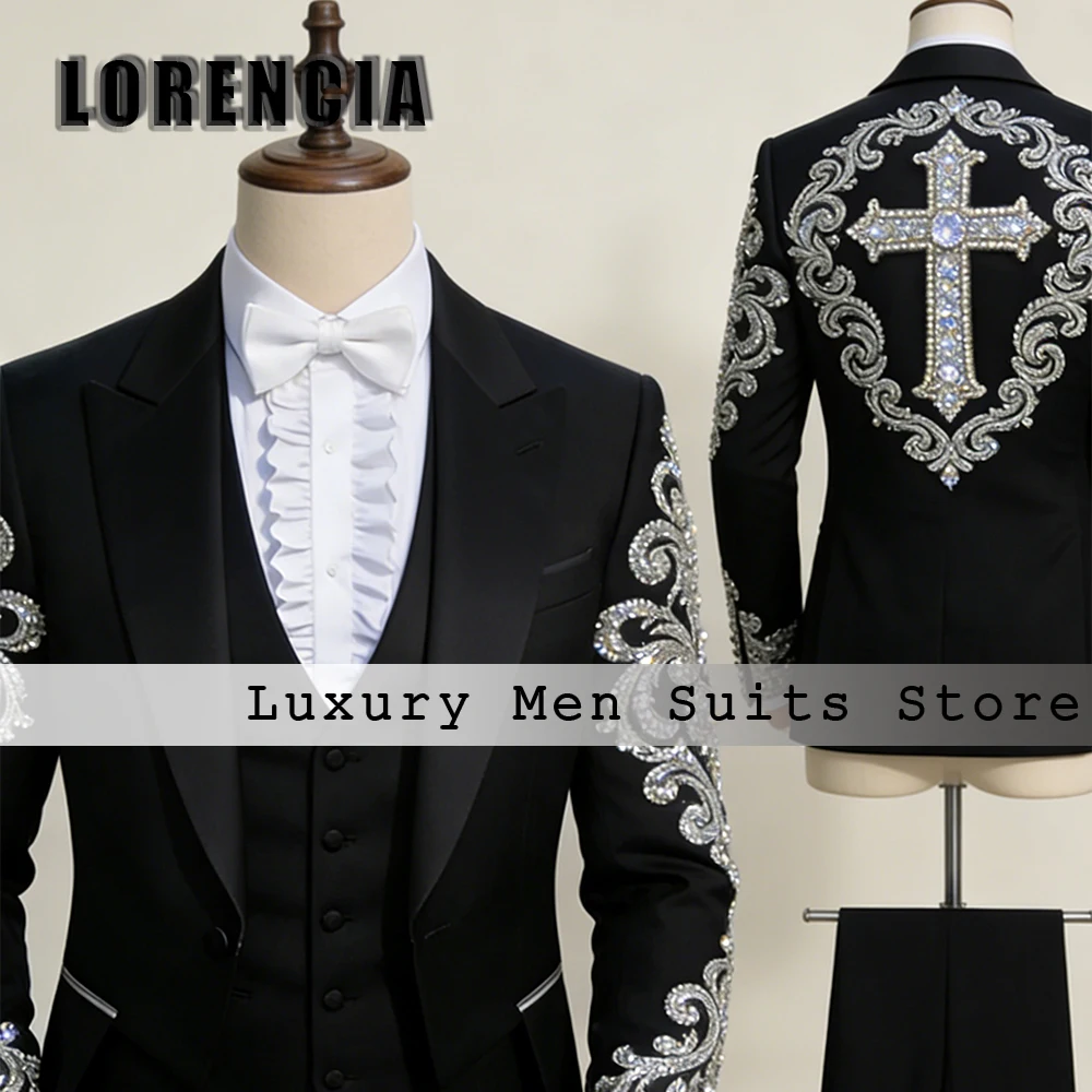 

Unique Diamond Suits for Male 3 Pieces Elegant Crystal Wedding Party Groom Tuxedo Set Customized Blazer Pants roupas masculinas