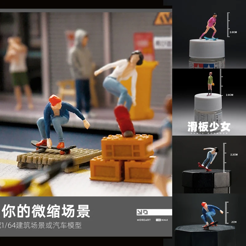 1/64 Miniature Figure Trendy Skateboarding Boys Girls Mini Doll Model Figurine Creative Sandtable Photography Props Display Deco