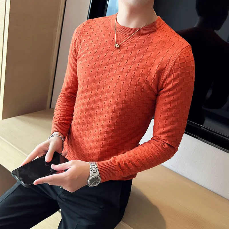 

Men's Slim Fit Pullover Waffle Sweater, High Quality Knitwear，Stretch Jacquard Woven Winter Crew Neck Sweater