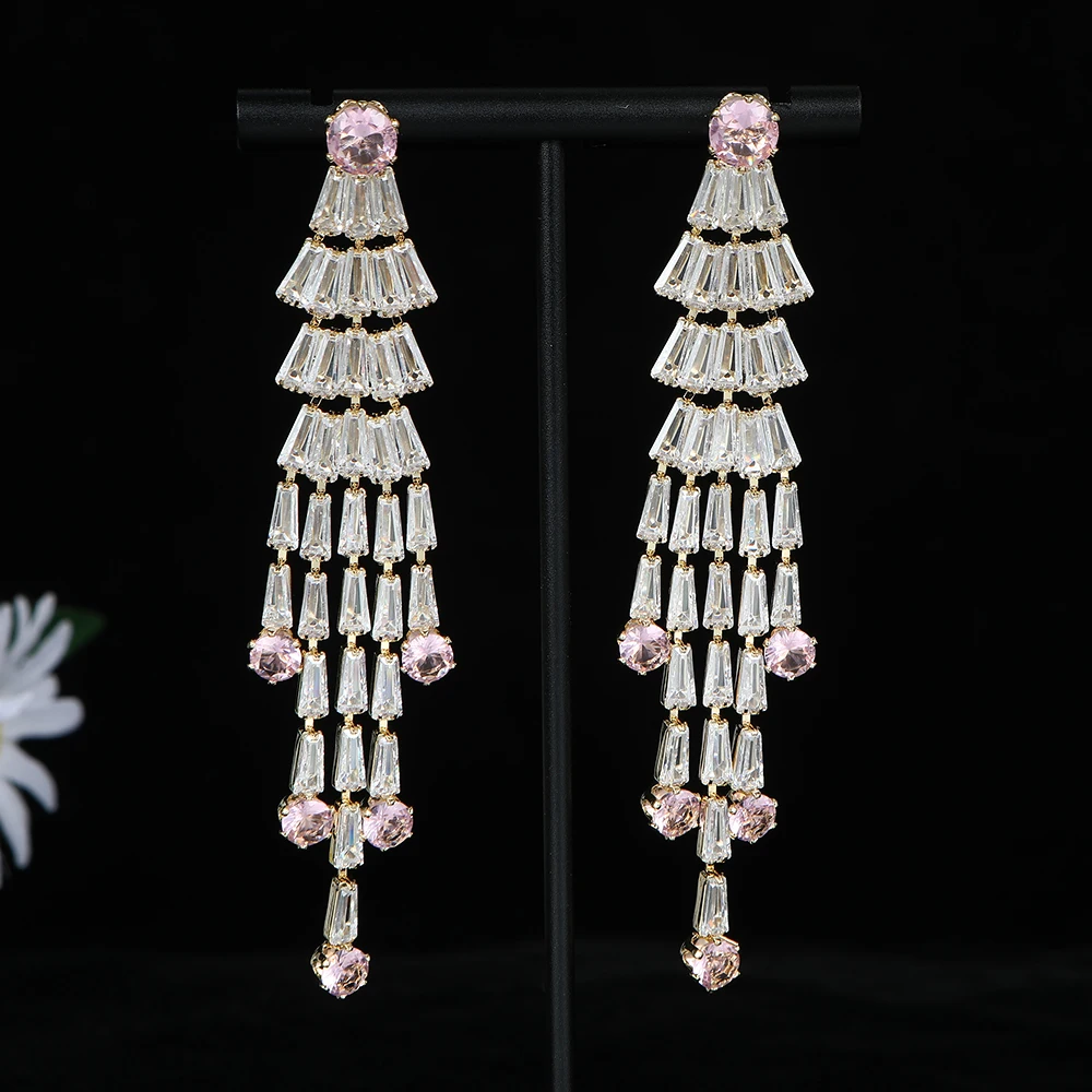 

Ladies' luxury geometric long tassel earrings cubic zirconia Dubai wedding banquet party jewelry A0251