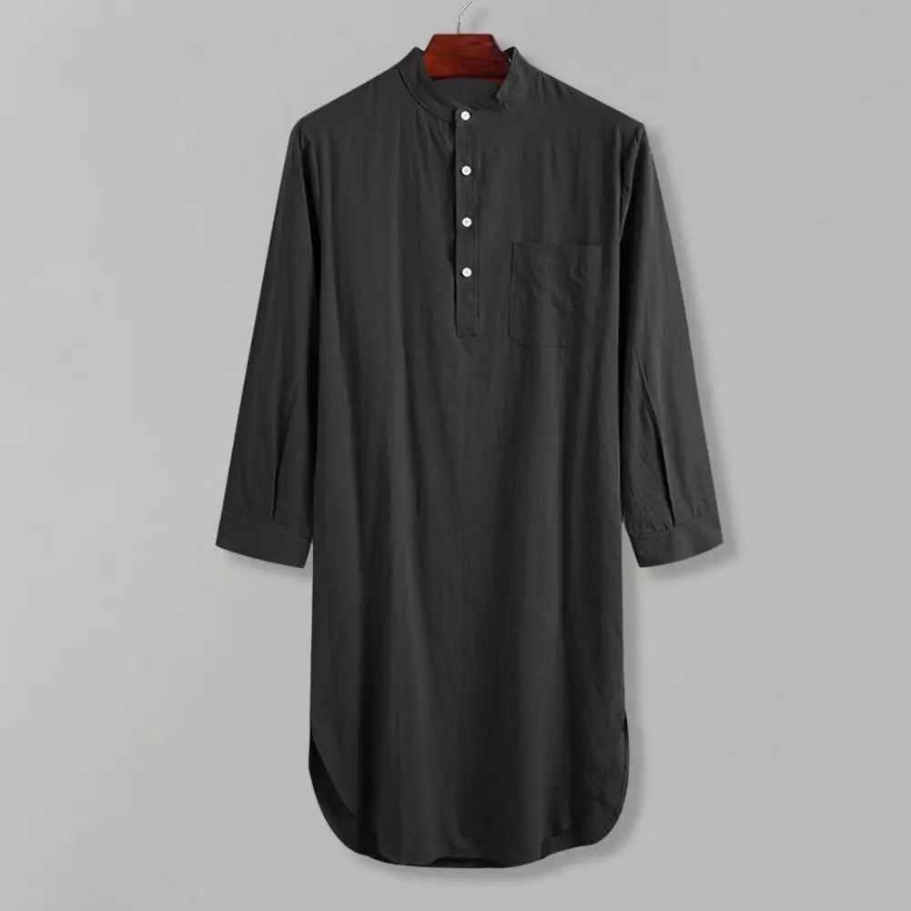 Solid Color Nightgown Men's Long Sleeve Solid Color Pajama Shirt with Button Design Versatile Nightgown for Daily Wear