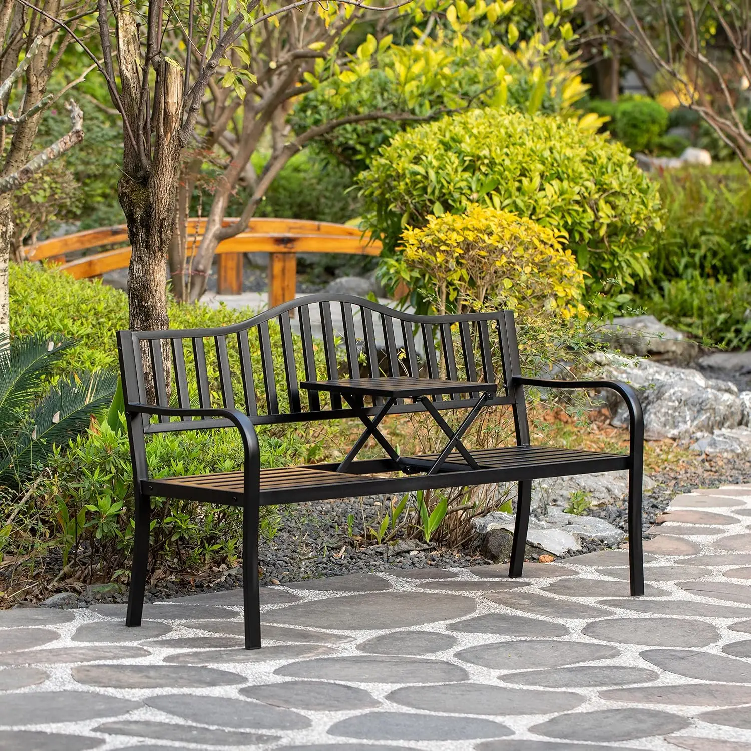 Gardenised QI003461L Outdoor Powder Coated Steel Park Bench, Garden Bench with Pop Up Middle Table, Lawn Decor Seating Bench for